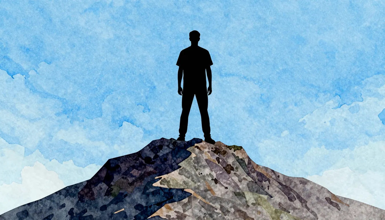 Watercolor style. A silhouette of a tall man standing on a h...