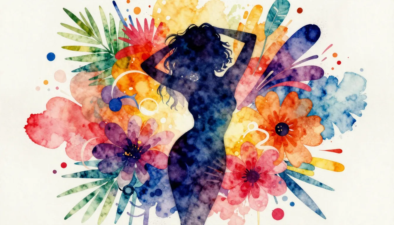 Vibrant watercolor style. Disco-funk album cover. Vibrant, a...