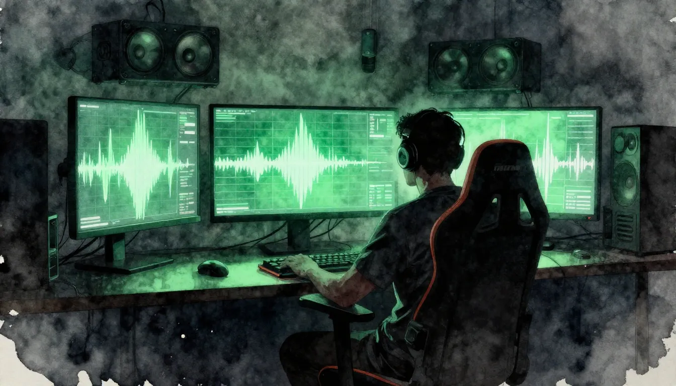 Watercolor style. Dark room with glowing monitors, silhouett...