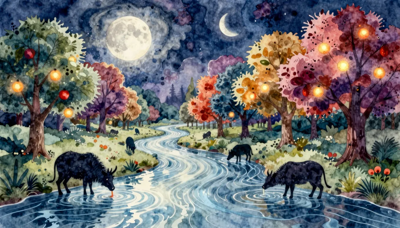 Watercolor style. A surreal landscape with a flowing river m...