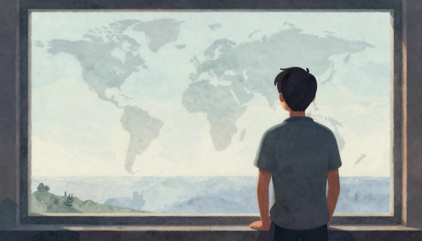 Watercolor style. A lone figure standing by a window, lookin...