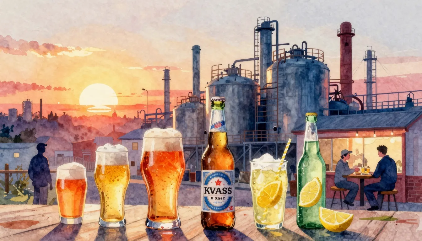 Vibrant watercolor style. Brewery factory at dawn, beer, kva...