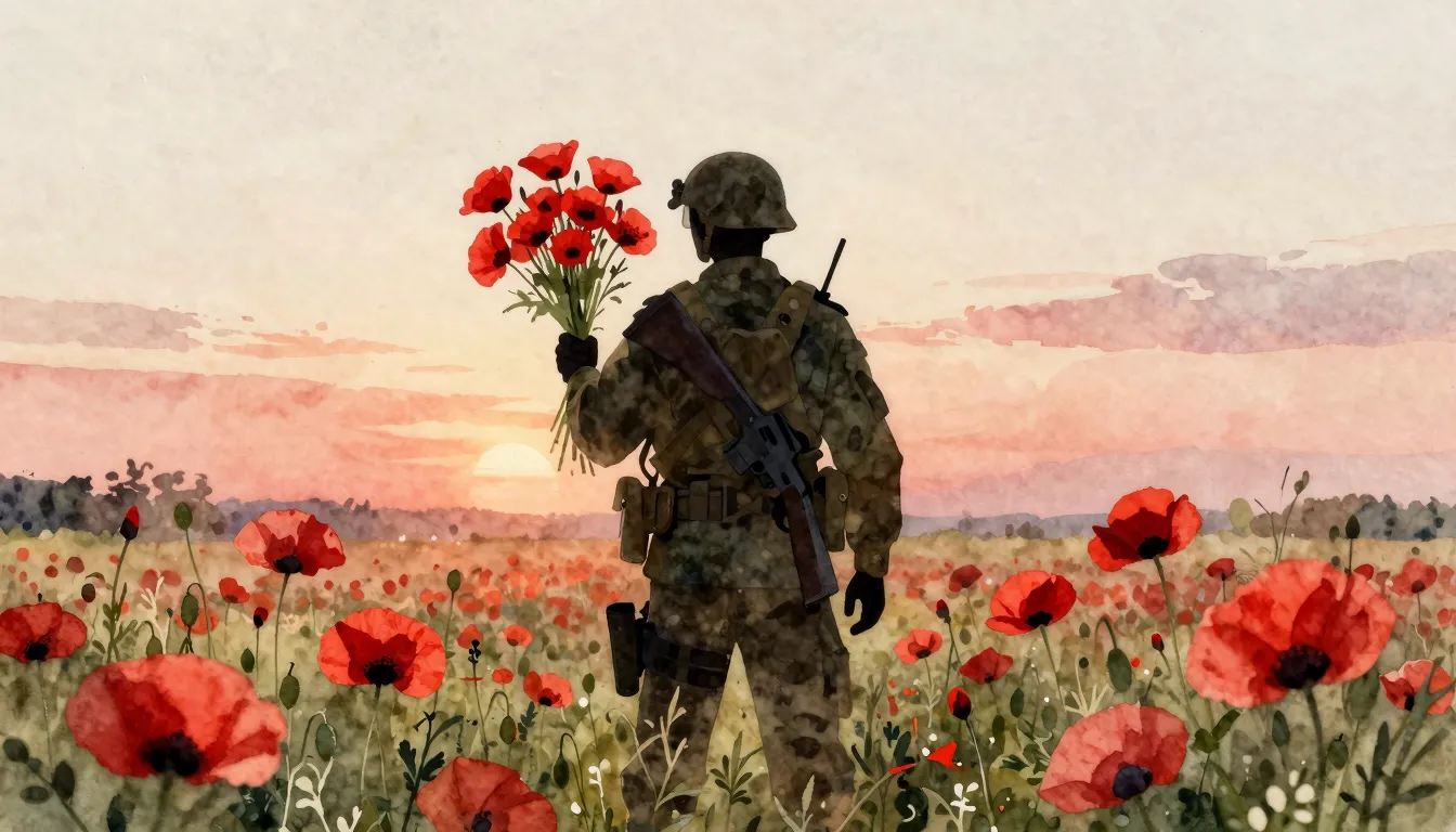 Watercolor style. A silhouette of a soldier stands in a fiel...