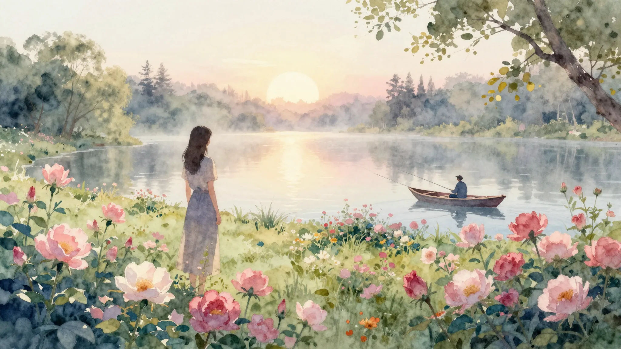 Watercolor style. A beautiful blooming garden in soft pastel...