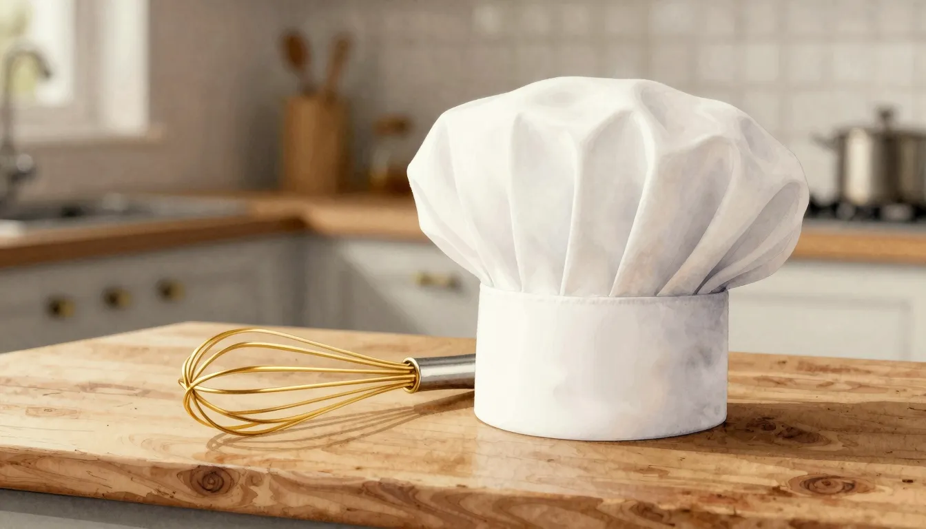 Watercolor style. A professional chef's hat and a golden whi...