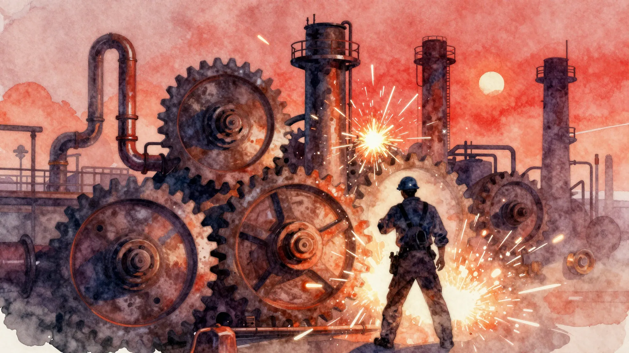 Vibrant watercolor style. Industrial, factory, gears, sparks...