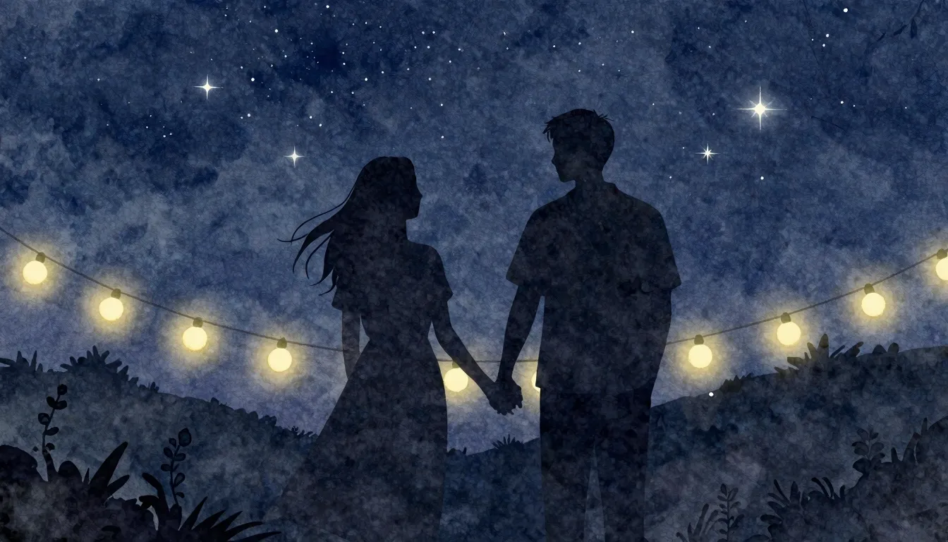 Watercolor style. Silhouette of a couple holding hands under...
