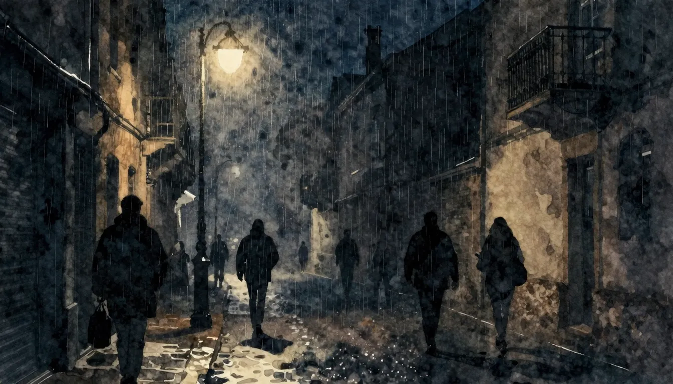 Watercolor style. A dark night street with silhouettes of wa...