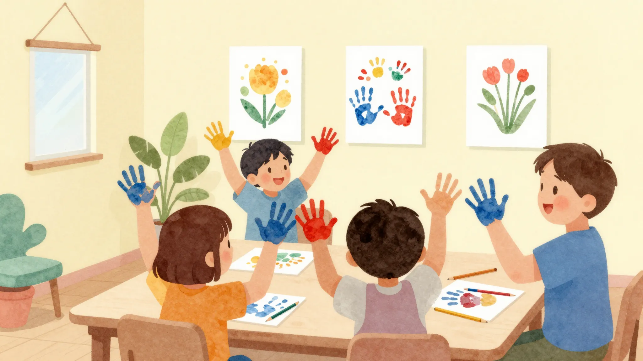 Watercolor style. A cozy room with a colorful exhibition, ch...