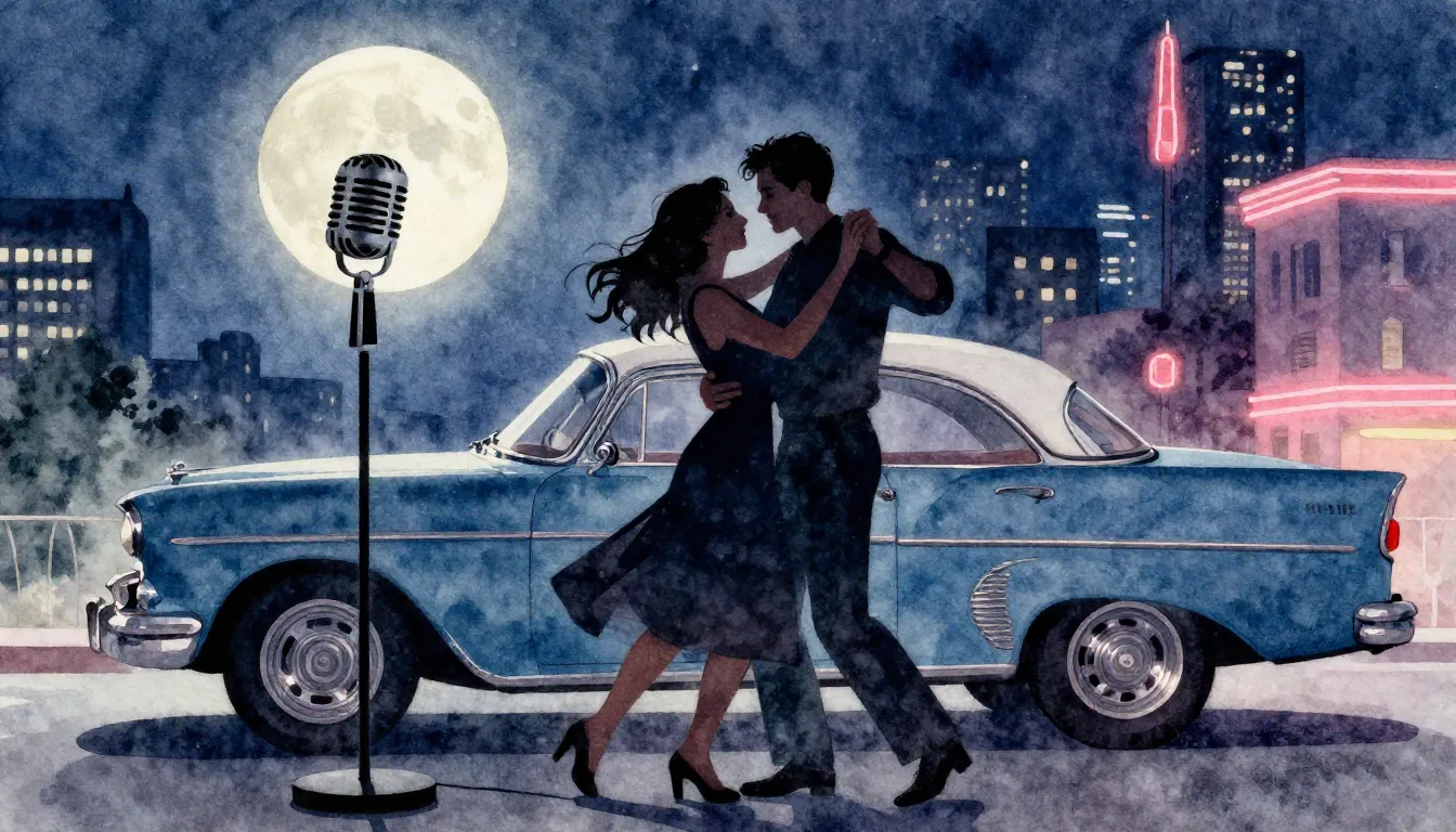 Watercolor style. Silhouette of a couple dancing under the m...