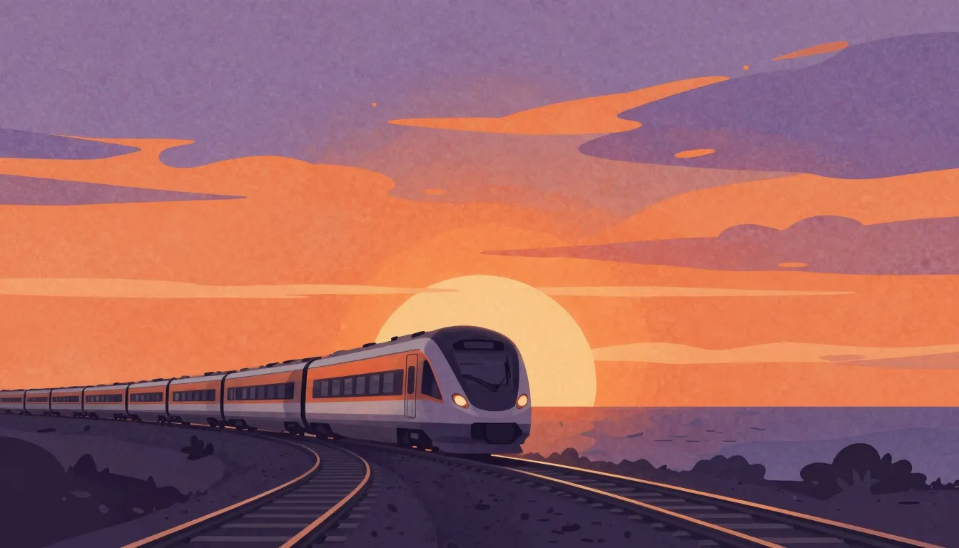 Watercolor style. Stylized railway tracks leading into a bri...