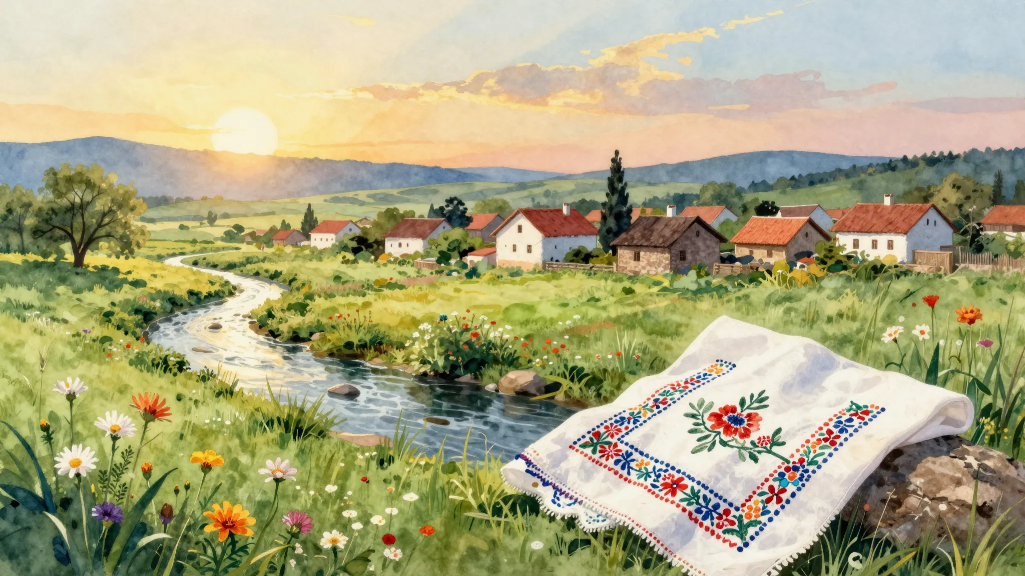 Vibrant watercolor style. Folk song album cover, traditional...