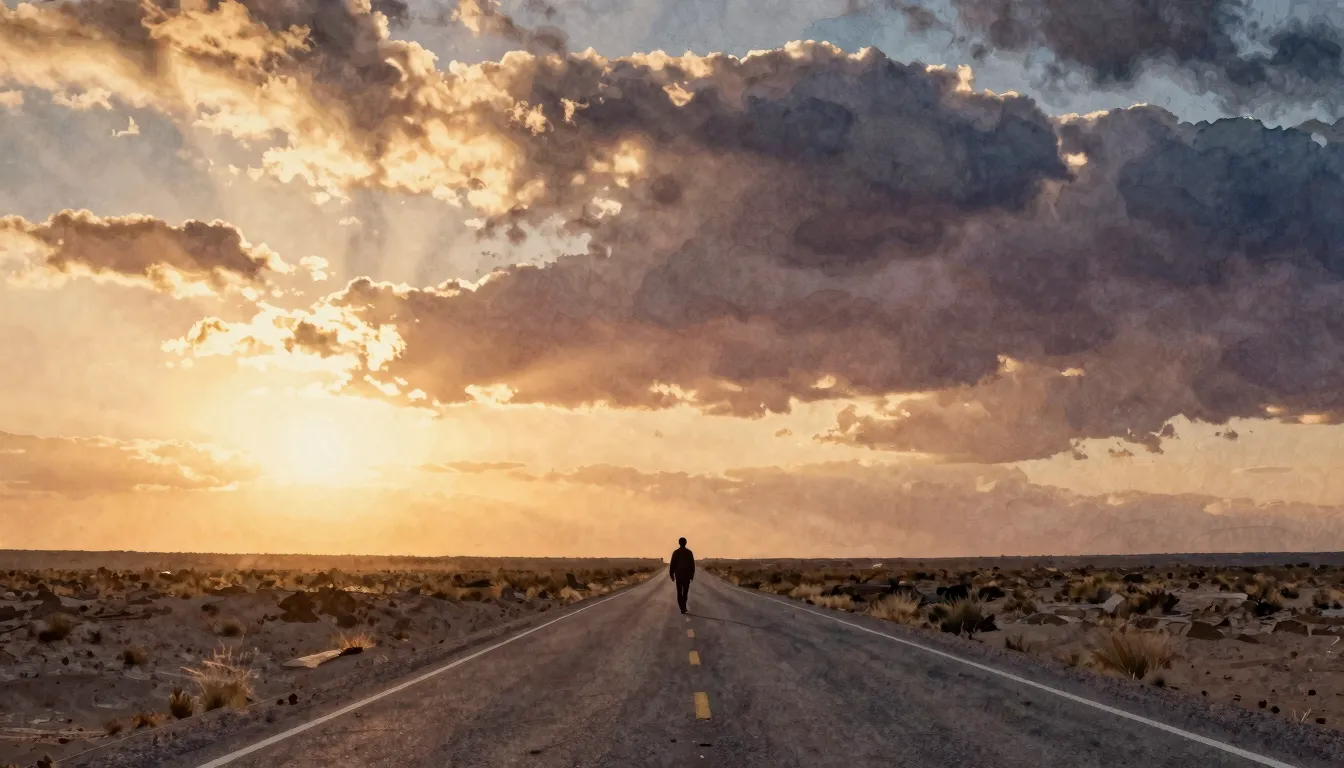 Watercolor style. A lonely silhouette of a person walking al...