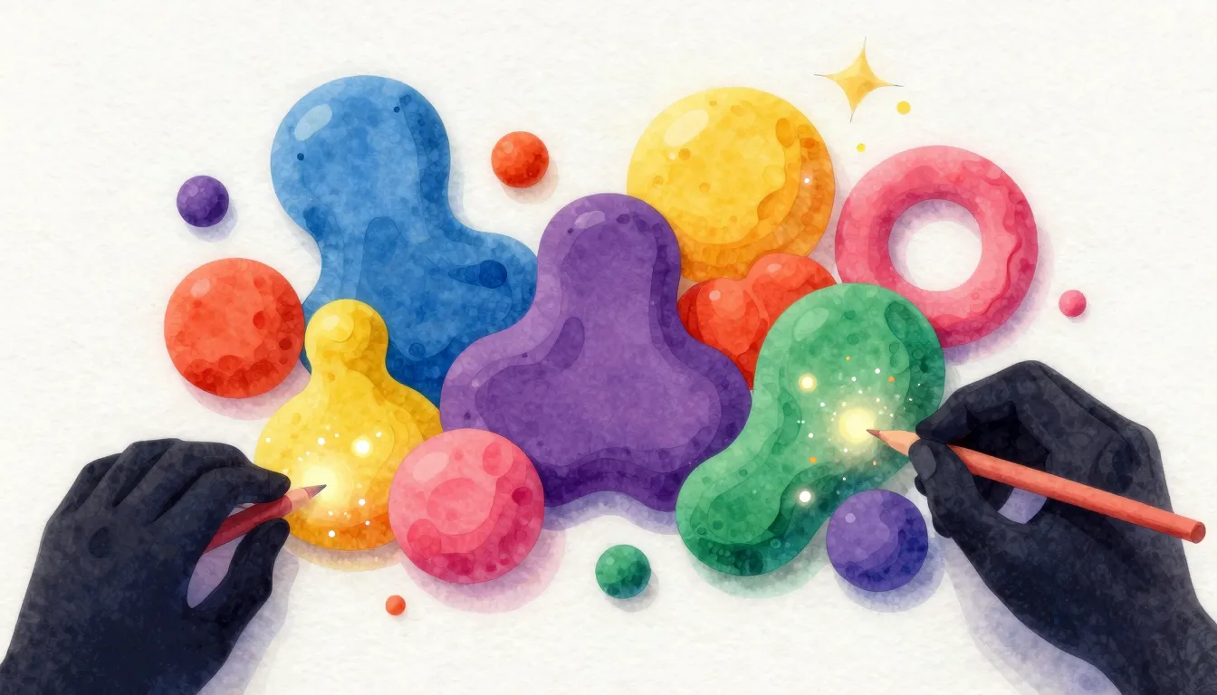Watercolor style. Abstract 3D clay shapes in vibrant colors,...