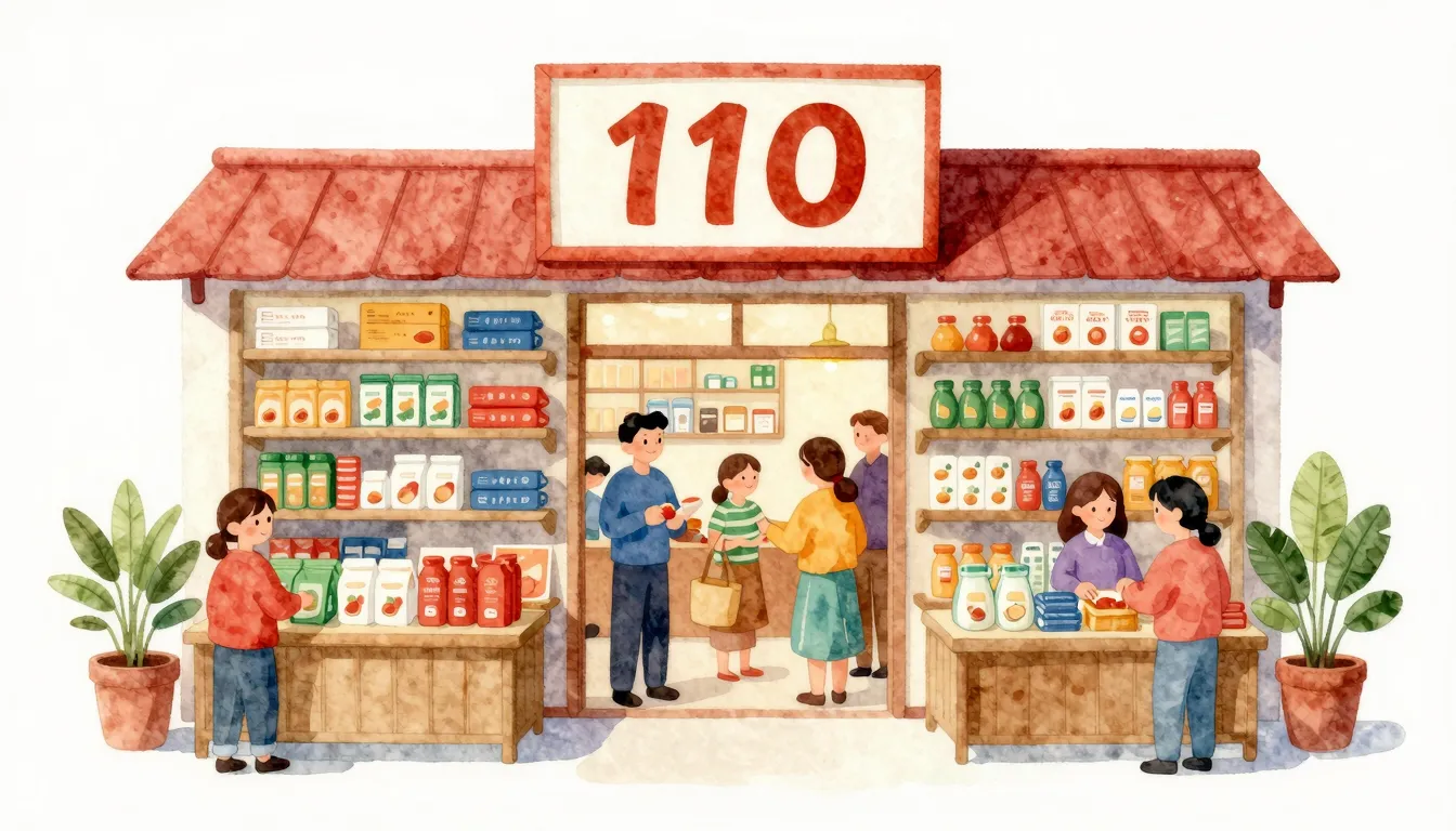 Vibrant watercolor style. Rural cooperative store, 110 years...