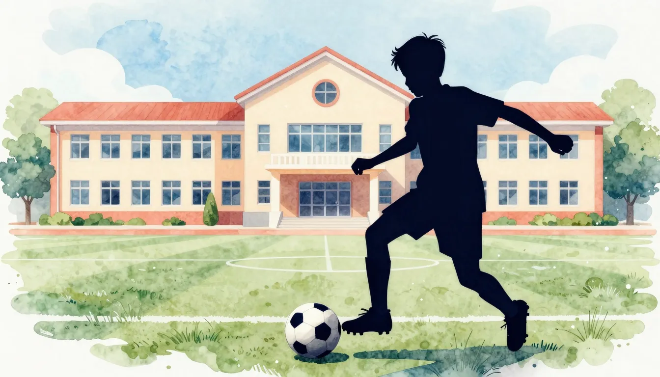 Watercolor style. A silhouette of a boy playing football, wi...