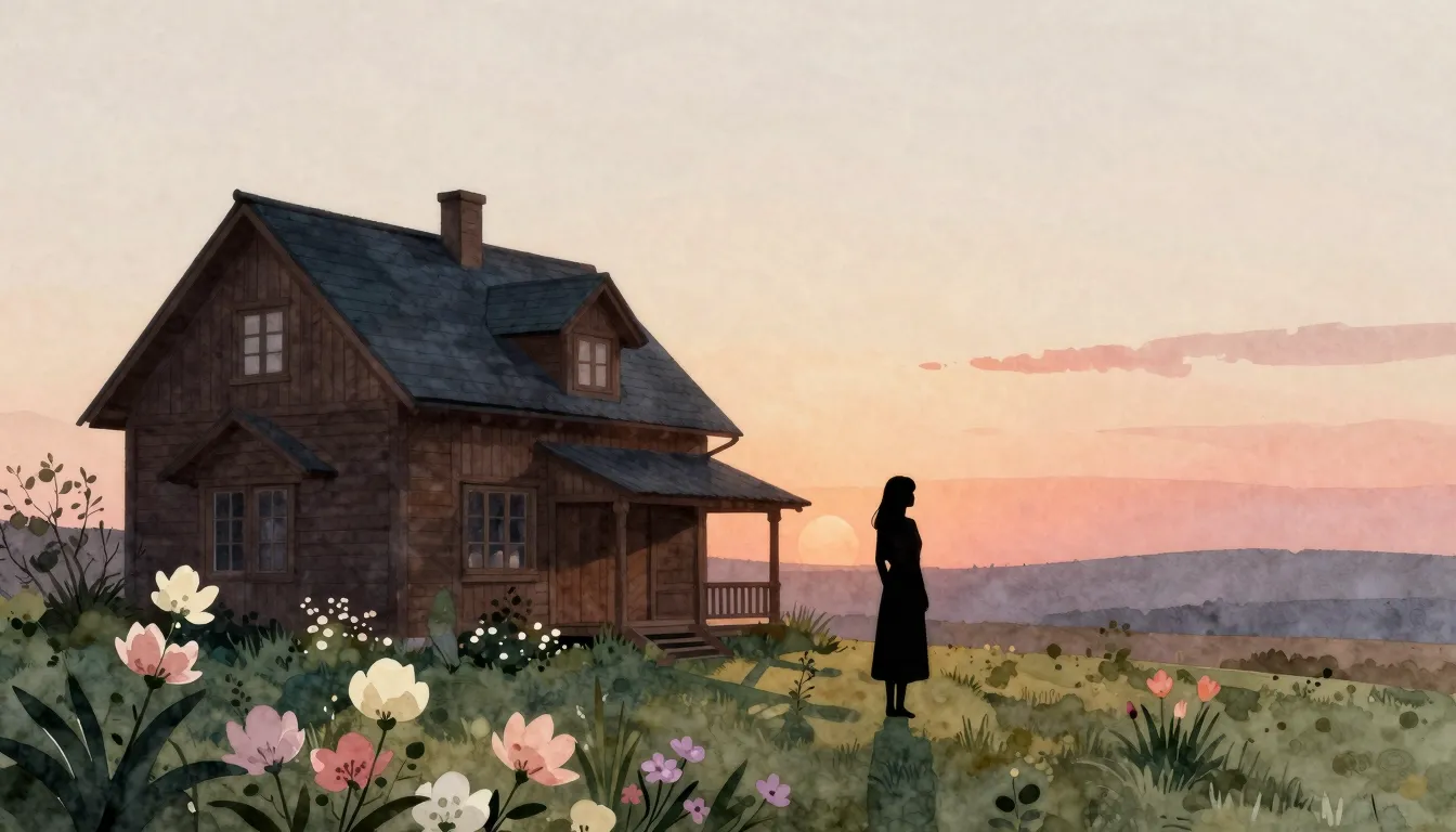 Watercolor style. A silhouette of a woman standing in a bloo...