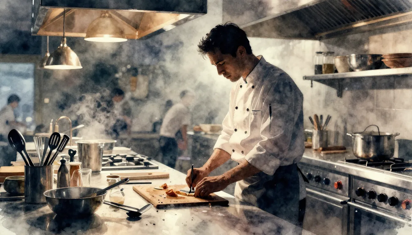 Watercolor style. A silhouette of a professional chef standi...