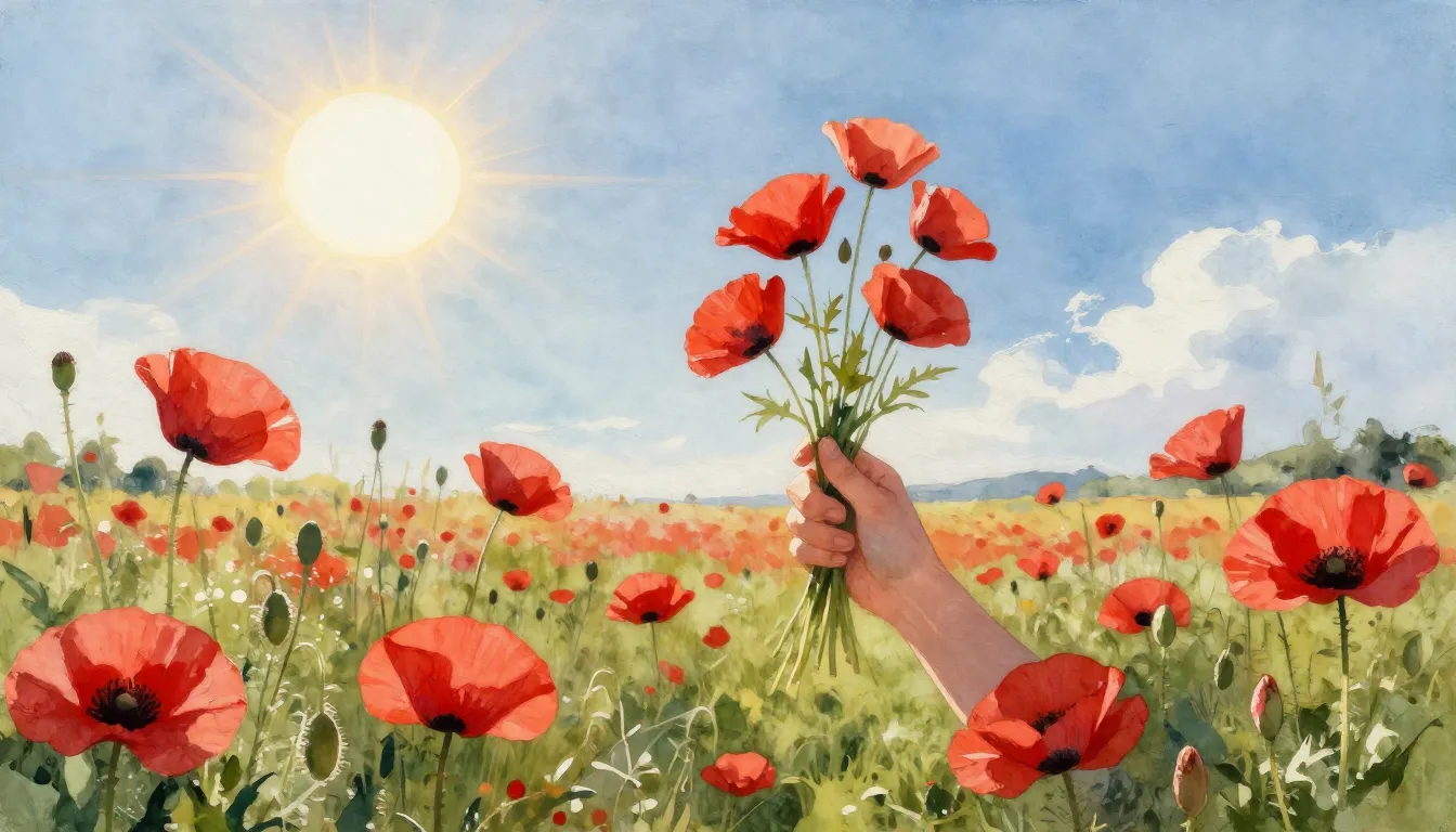 Watercolor style. Bright summer field with red poppies under...