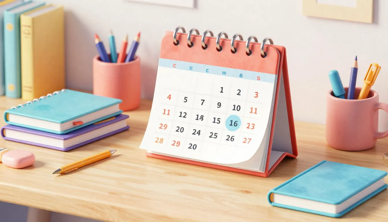 Watercolor style. Cozy desk with a colorful flip calendar sh...