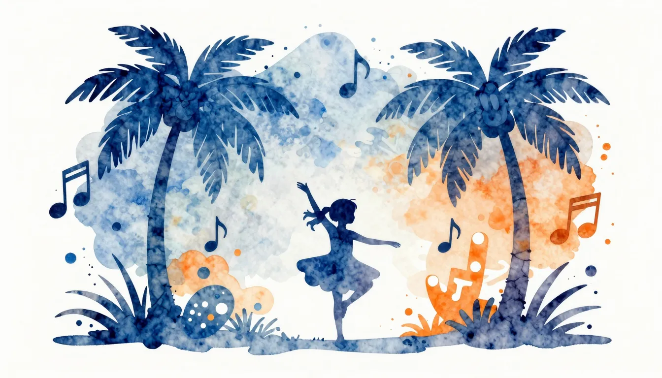 Watercolor style. Silhouette of a small girl dancing under t...