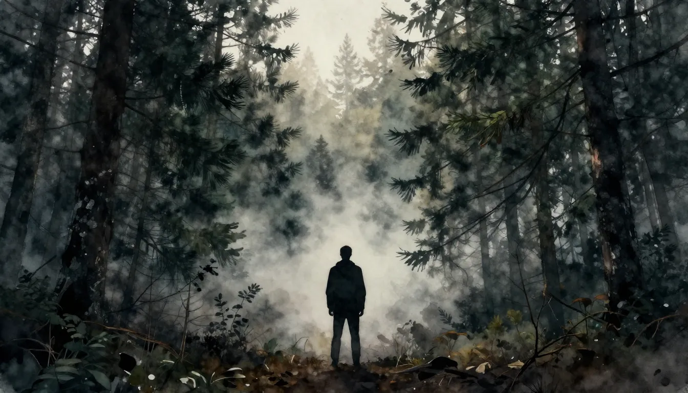 Watercolor style. A silhouette of a man stands at the edge o...