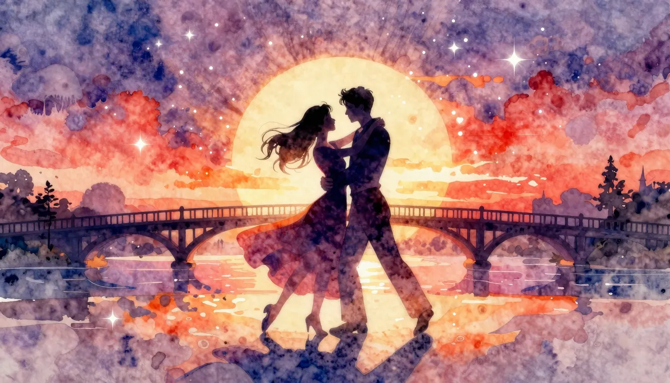 Vibrant watercolor style. Romantic waltz album cover. A coup...