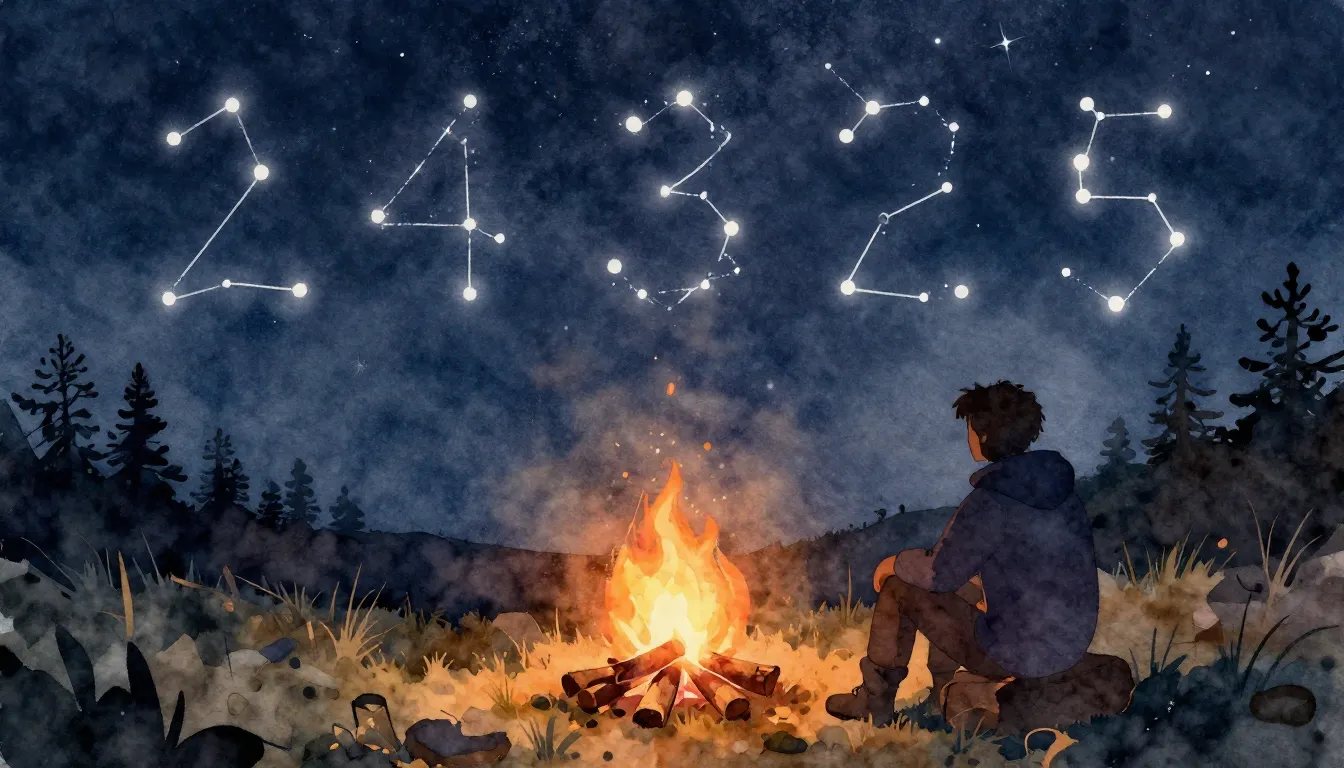 Watercolor style. A cozy campfire under a starry sky with a ...