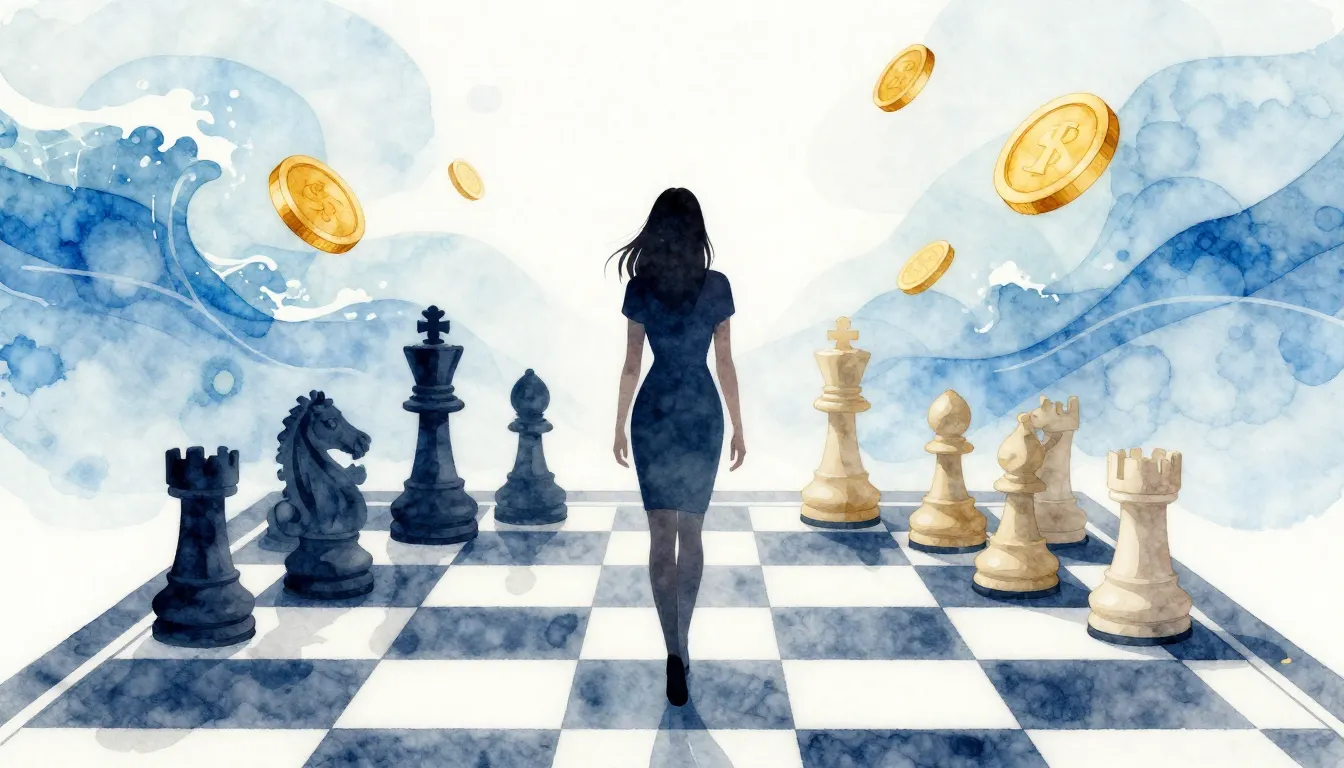 Watercolor style. A silhouette of a woman standing before a ...