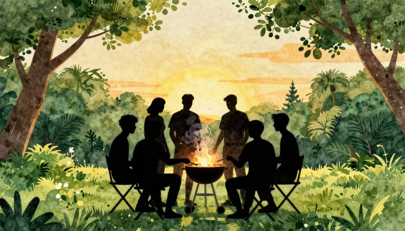 Watercolor style. A silhouette of a group of friends gathere...