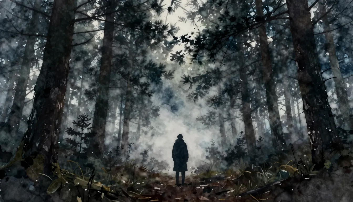 Watercolor style. A dark silhouette of a lone figure standin...