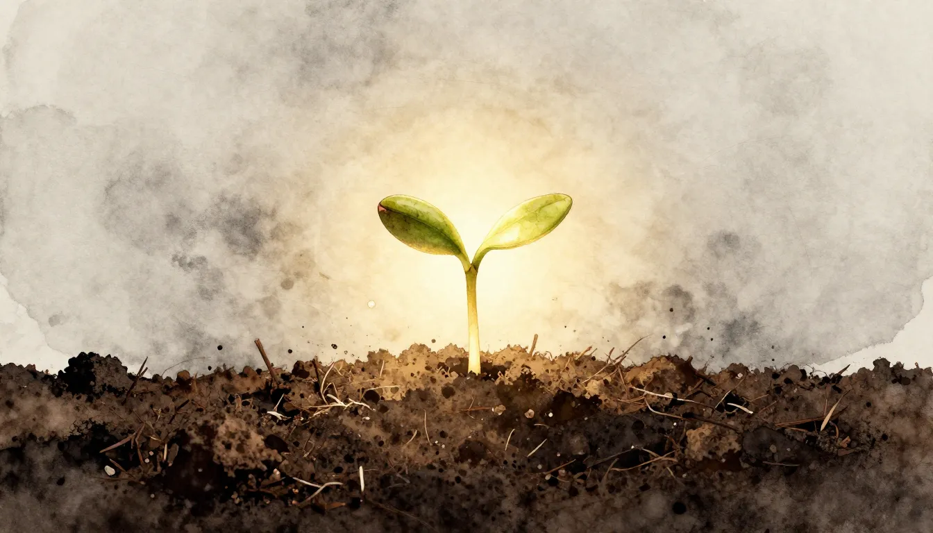 Watercolor style. A single glowing seed sprouting in dark so...