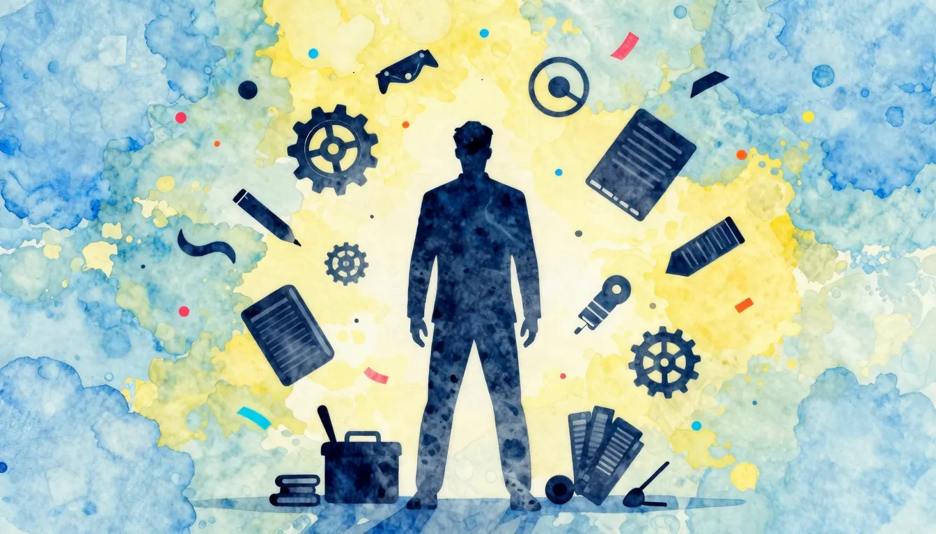 Watercolor style. A silhouette of a man standing amidst floa...