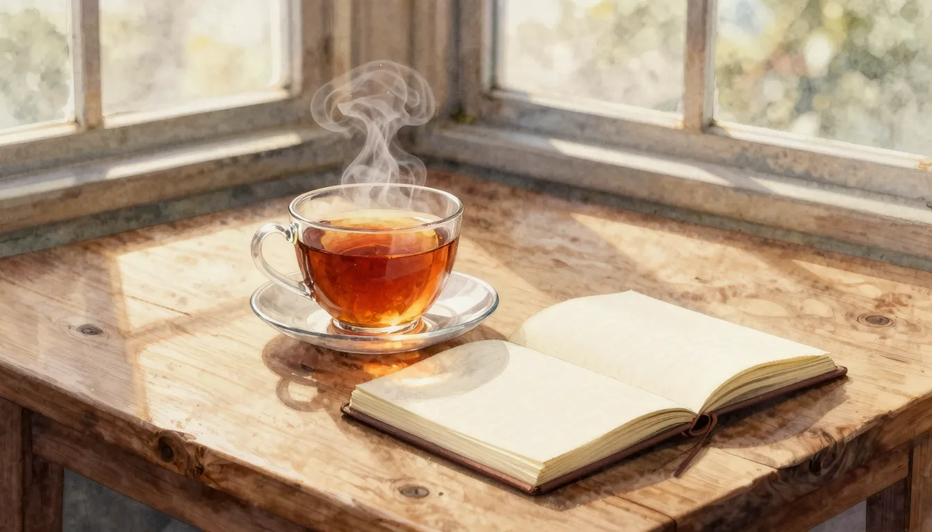 Watercolor style. A cozy wooden table with a steaming cup of...
