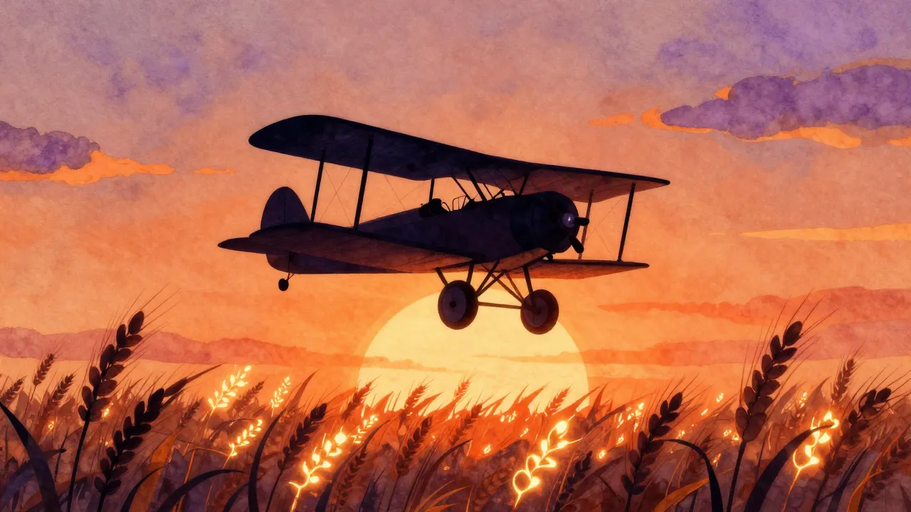 Watercolor style. Silhouette of a vintage biplane flying ove...
