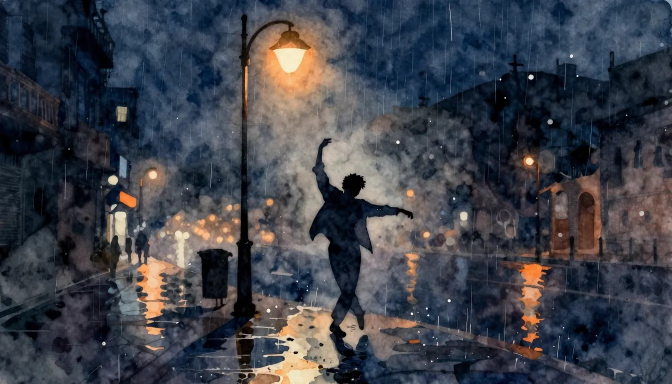 Watercolor style. A silhouette of a person dancing alone und...