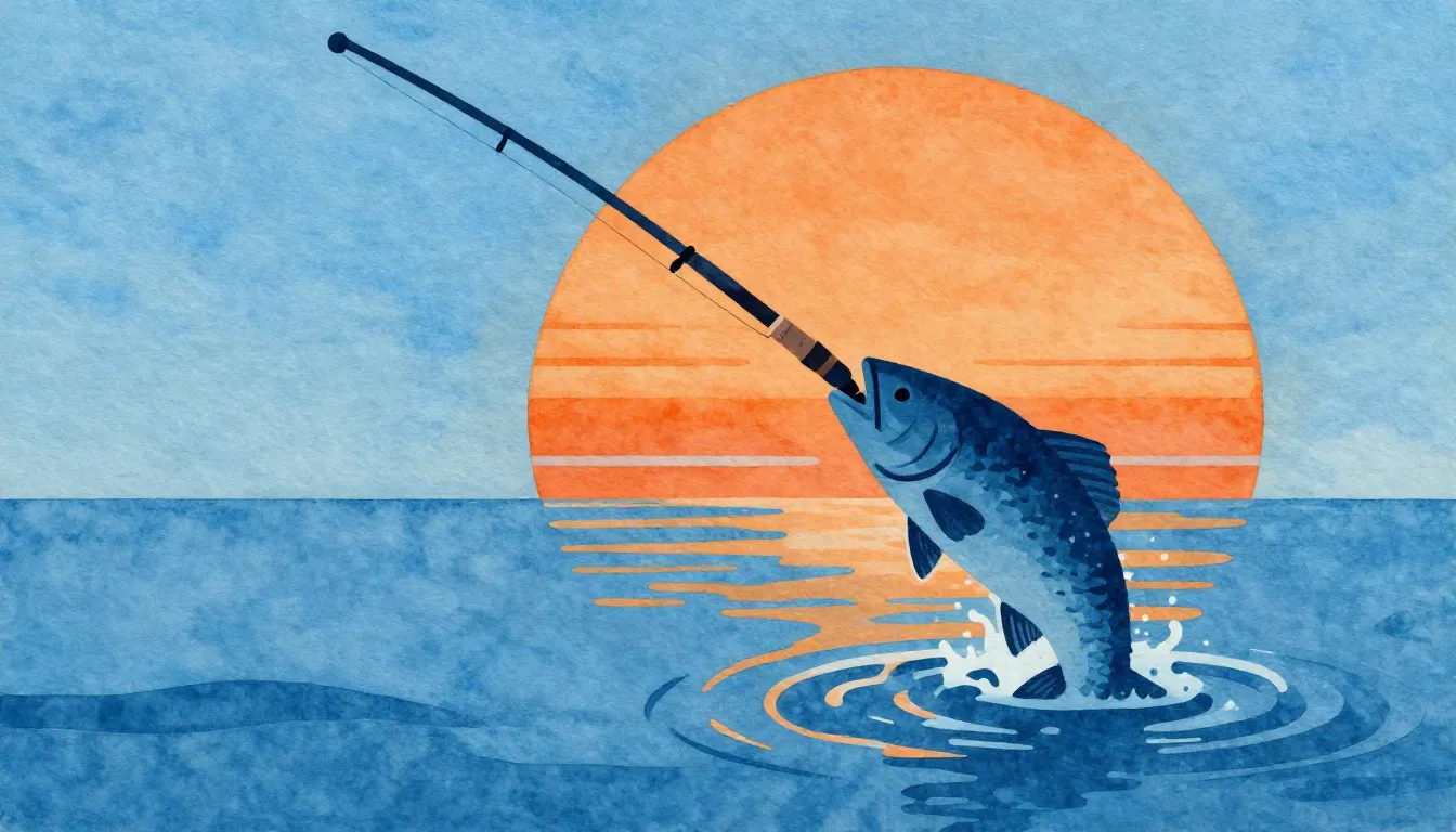 Watercolor style. Stylized fishing rod and a large fish silh...