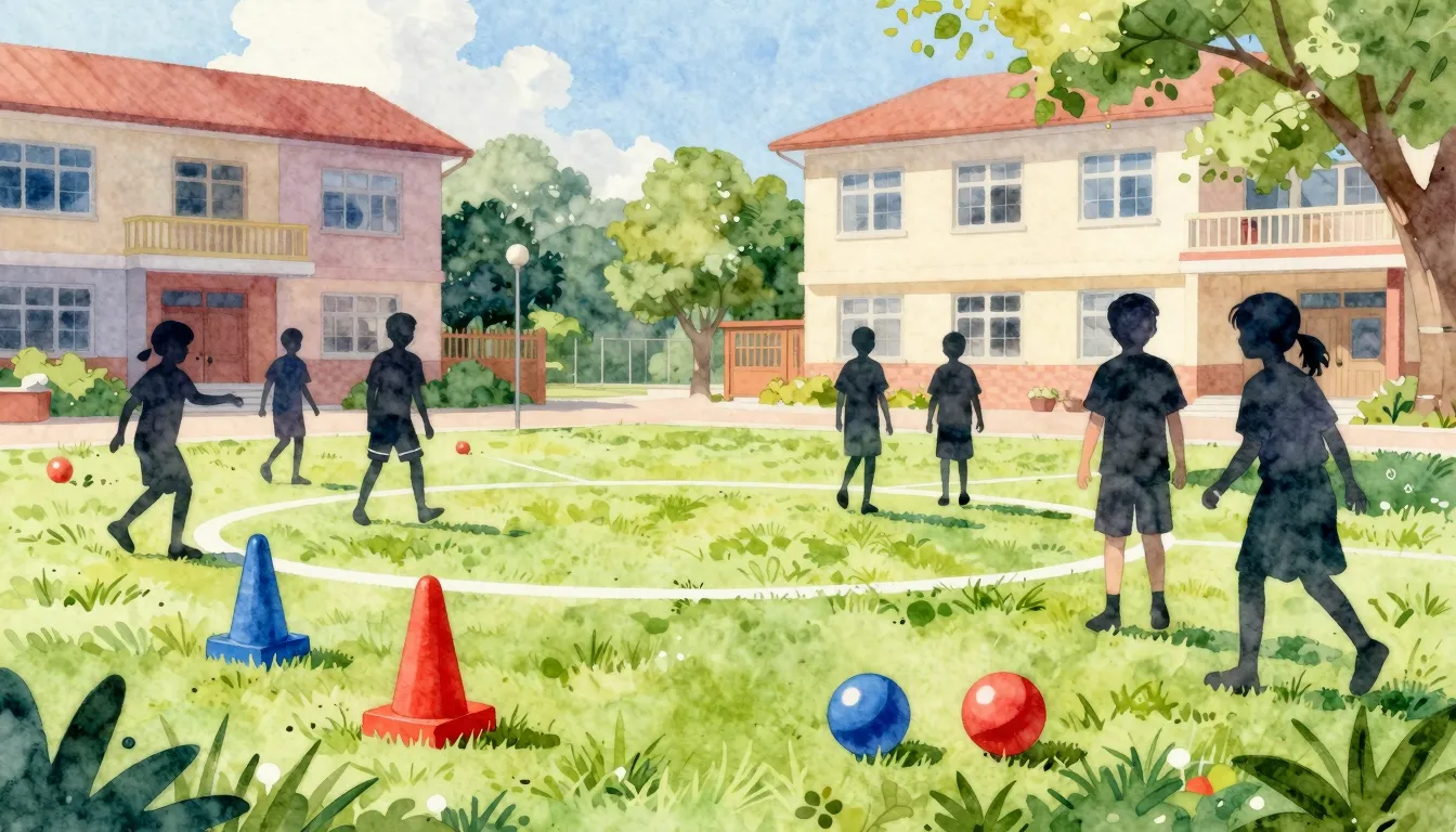 Watercolor style. A bright summer school yard with silhouett...