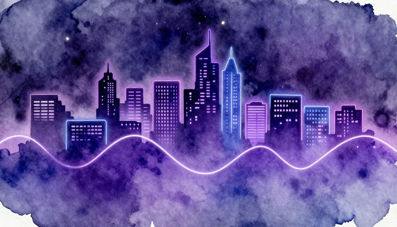 Watercolor style. A vibrant neon city silhouette at night, g...