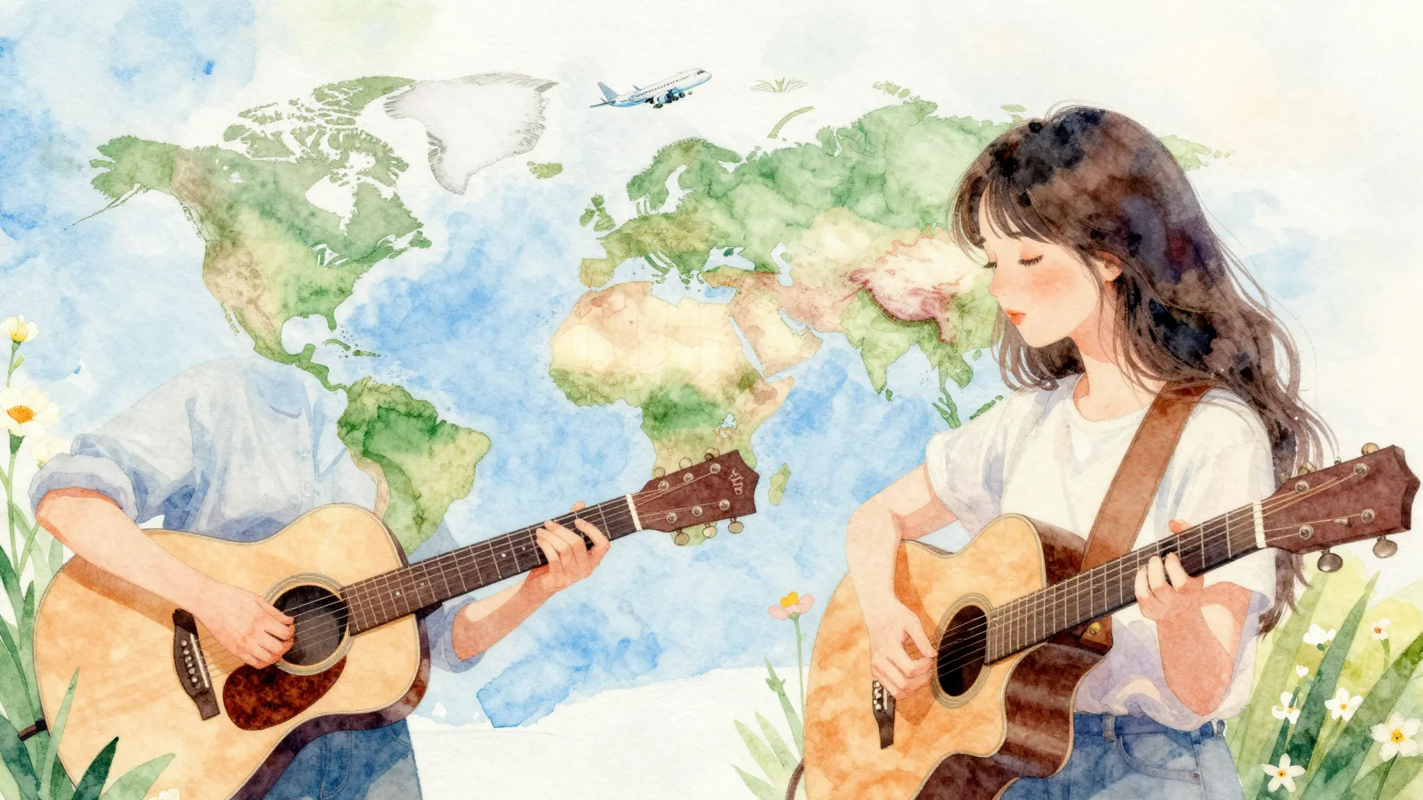 Vibrant watercolor style. A romantic folk-pop song cover. Fo...