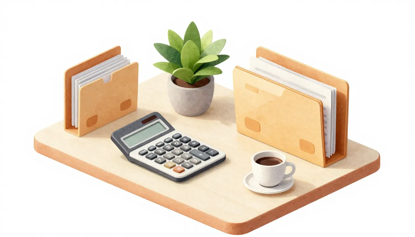 Watercolor style. A cozy modern office desk with a calculato...