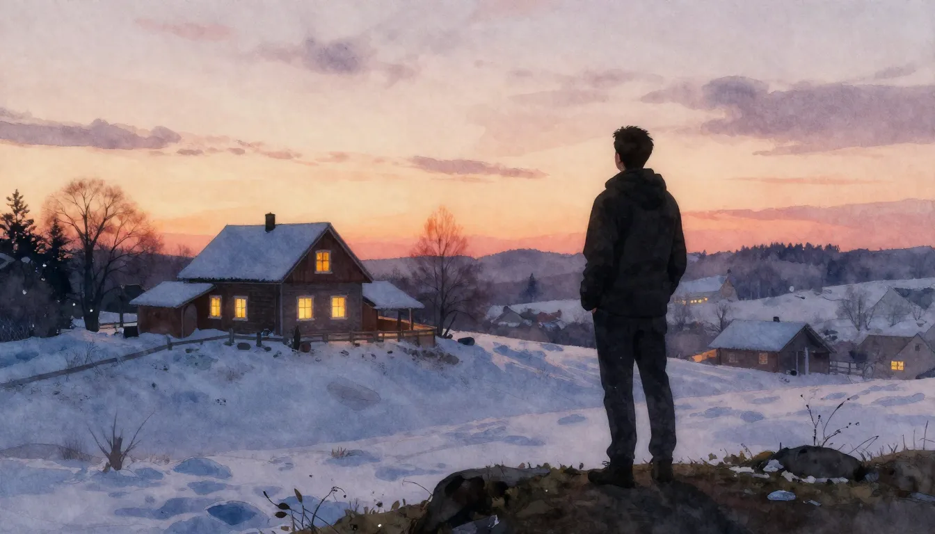 Watercolor style. A silhouette of a man standing on a hill l...