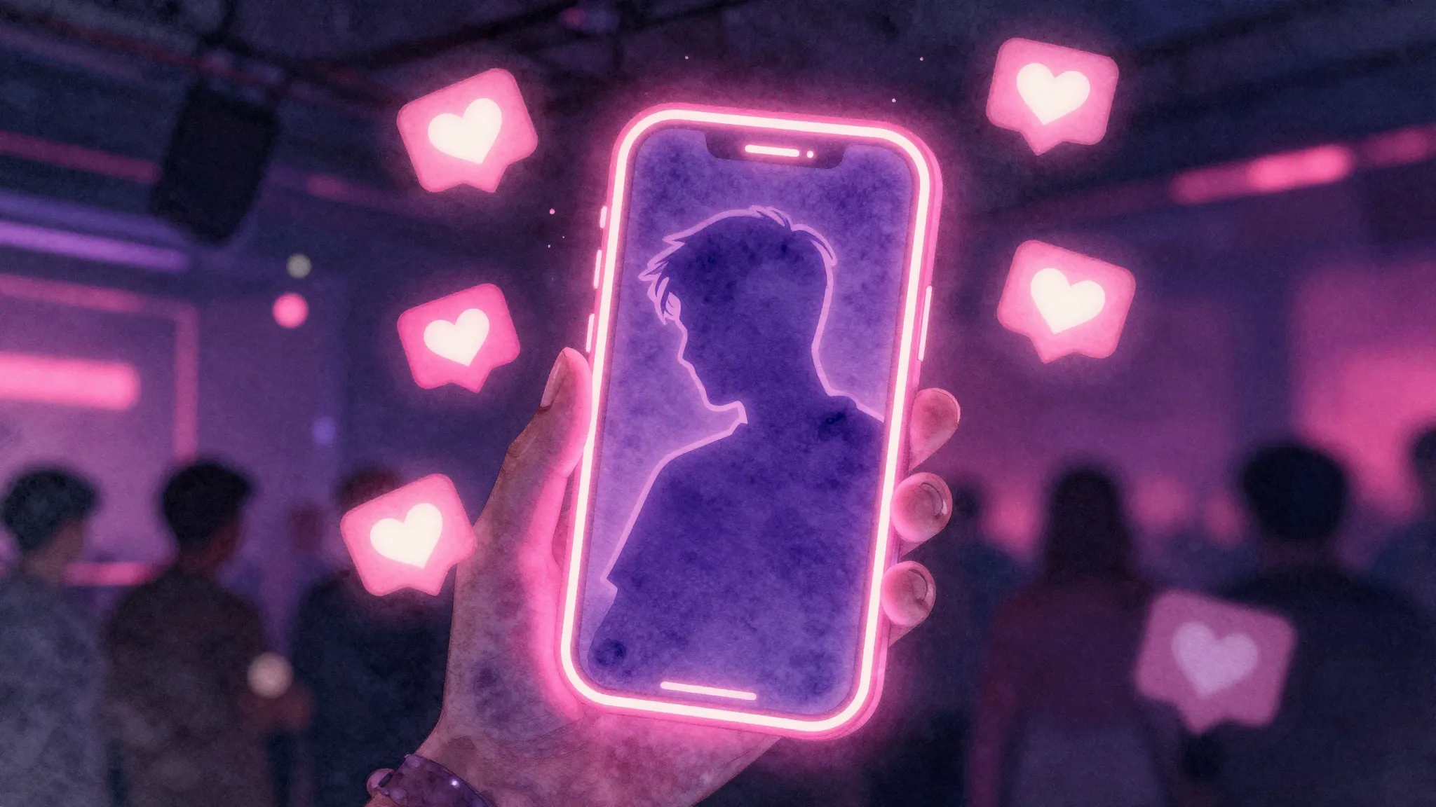 Watercolor style. Neon glowing smartphone silhouette in a da...