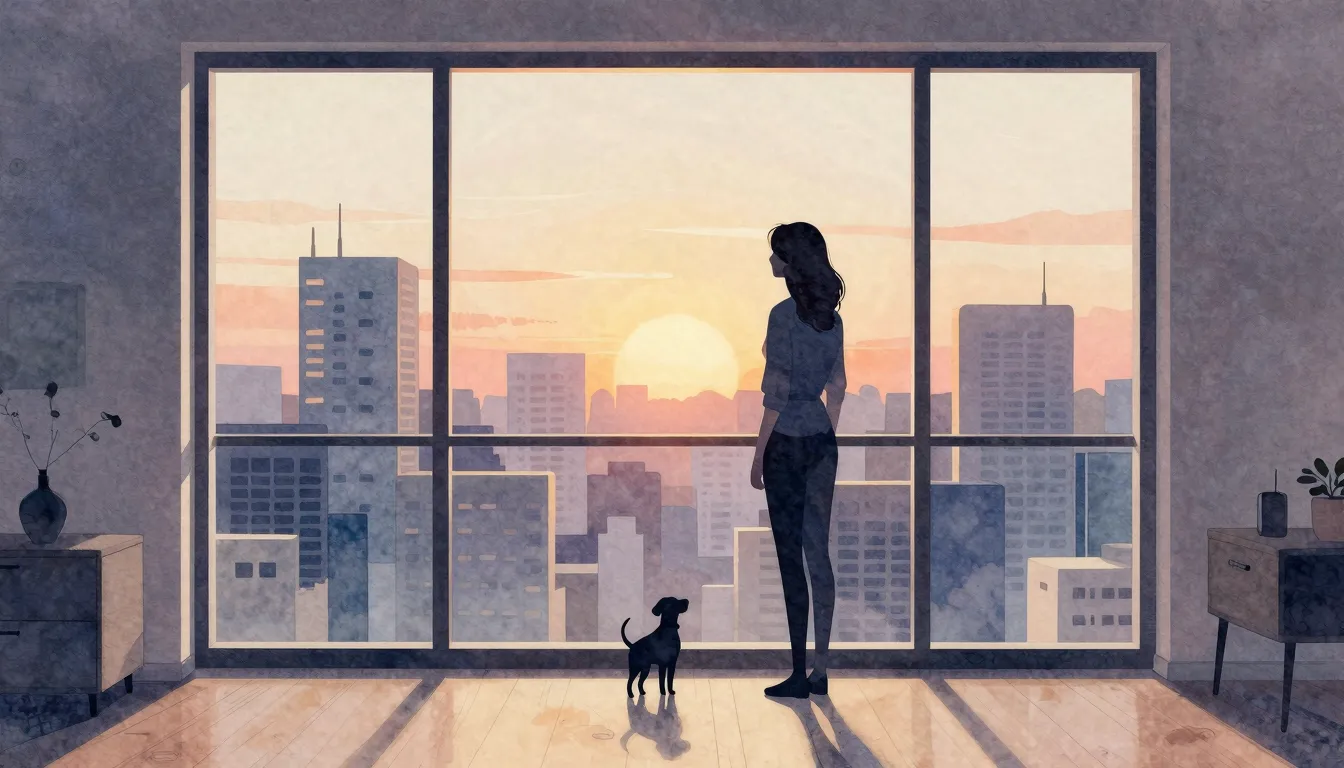 Watercolor style. Silhouette of a woman in a modern city apa...