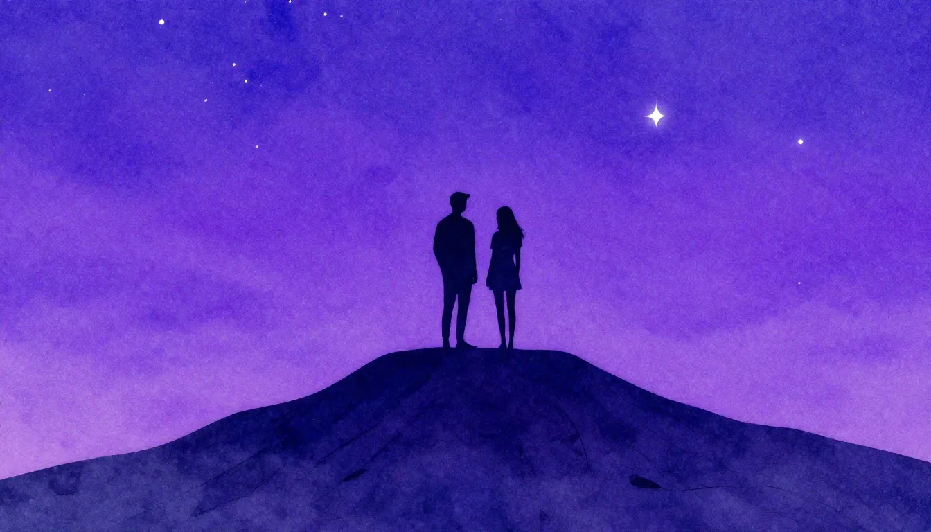 Watercolor style. A silhouette of a couple standing on a mou...
