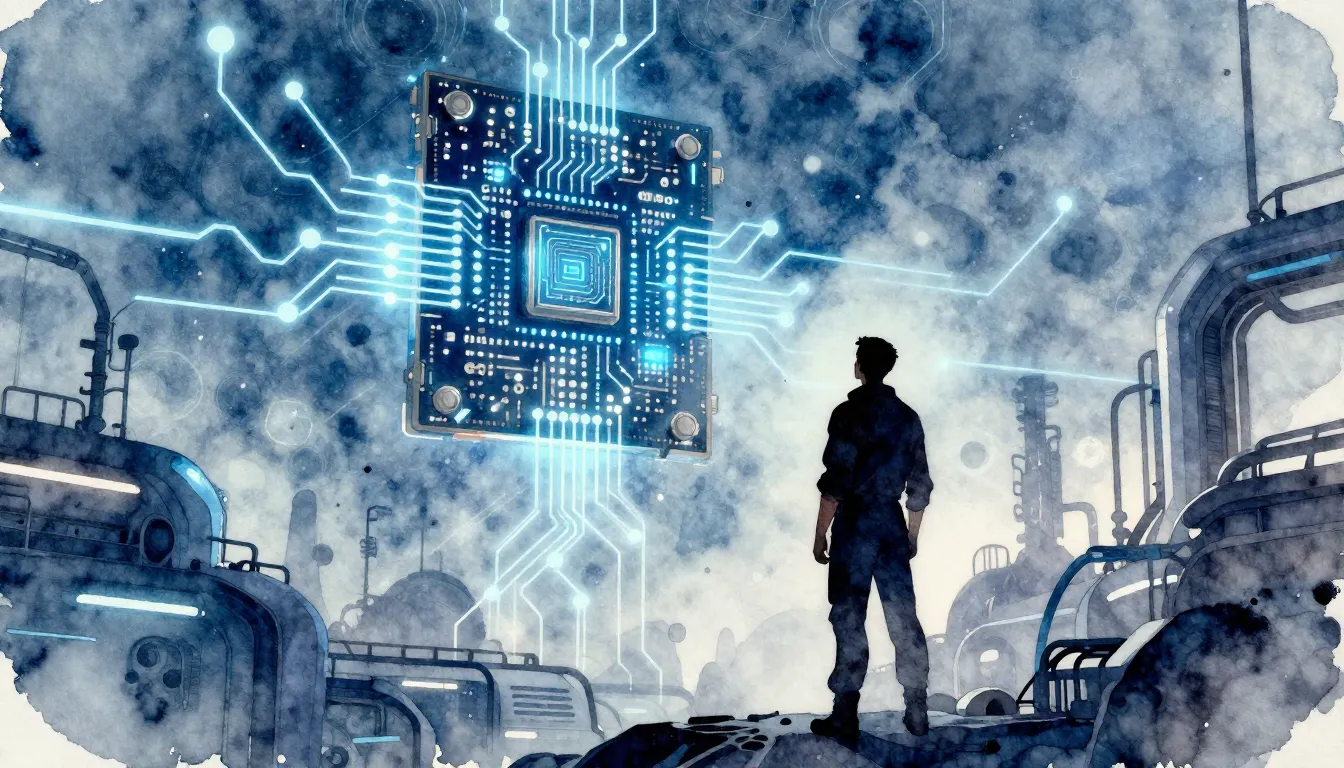 Watercolor style. Futuristic industrial landscape, silhouett...