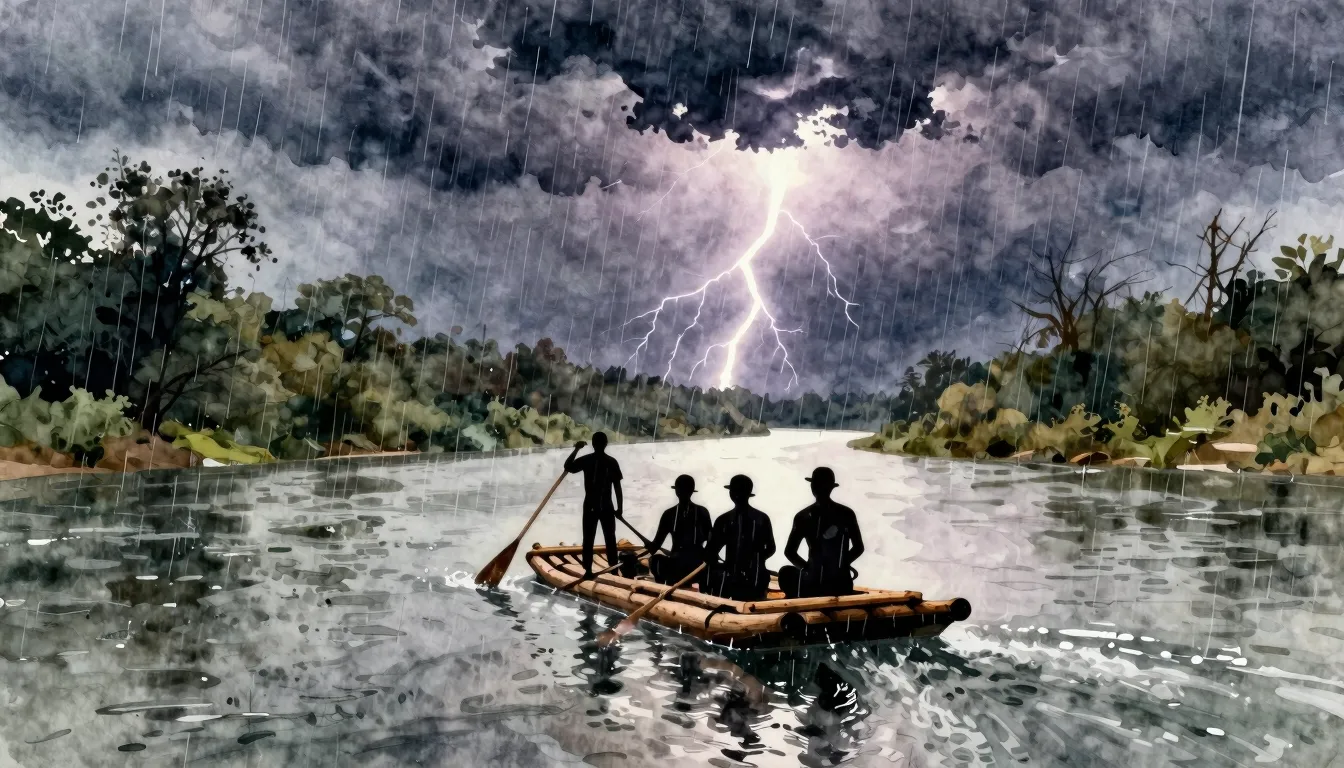Watercolor style. Silhouettes of people on a wooden raft flo...
