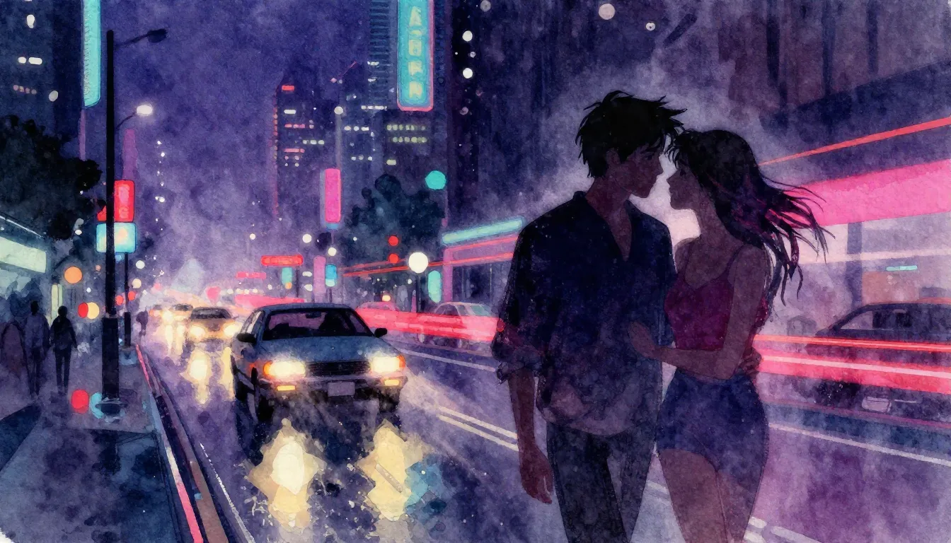 Vibrant watercolor style. Synthwave, dark, neon city lights,...