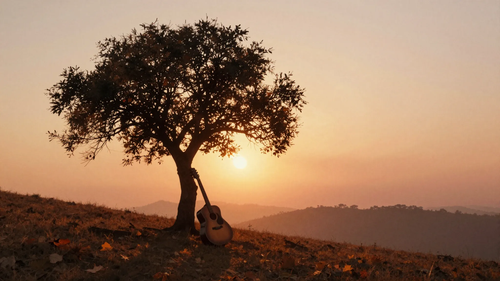 Watercolor style. Silhouette of a lonely tree on a hill at s...