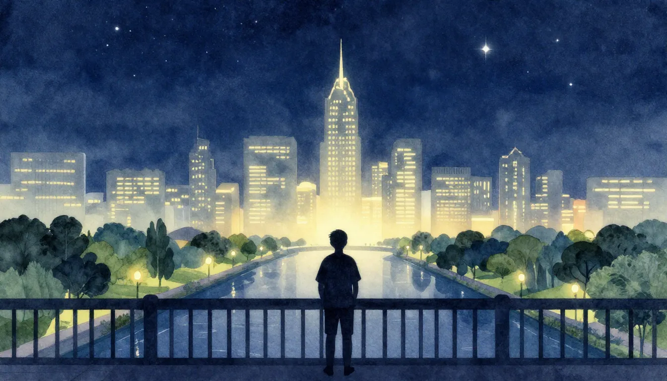 Watercolor style. A silhouette of a person standing on a bri...